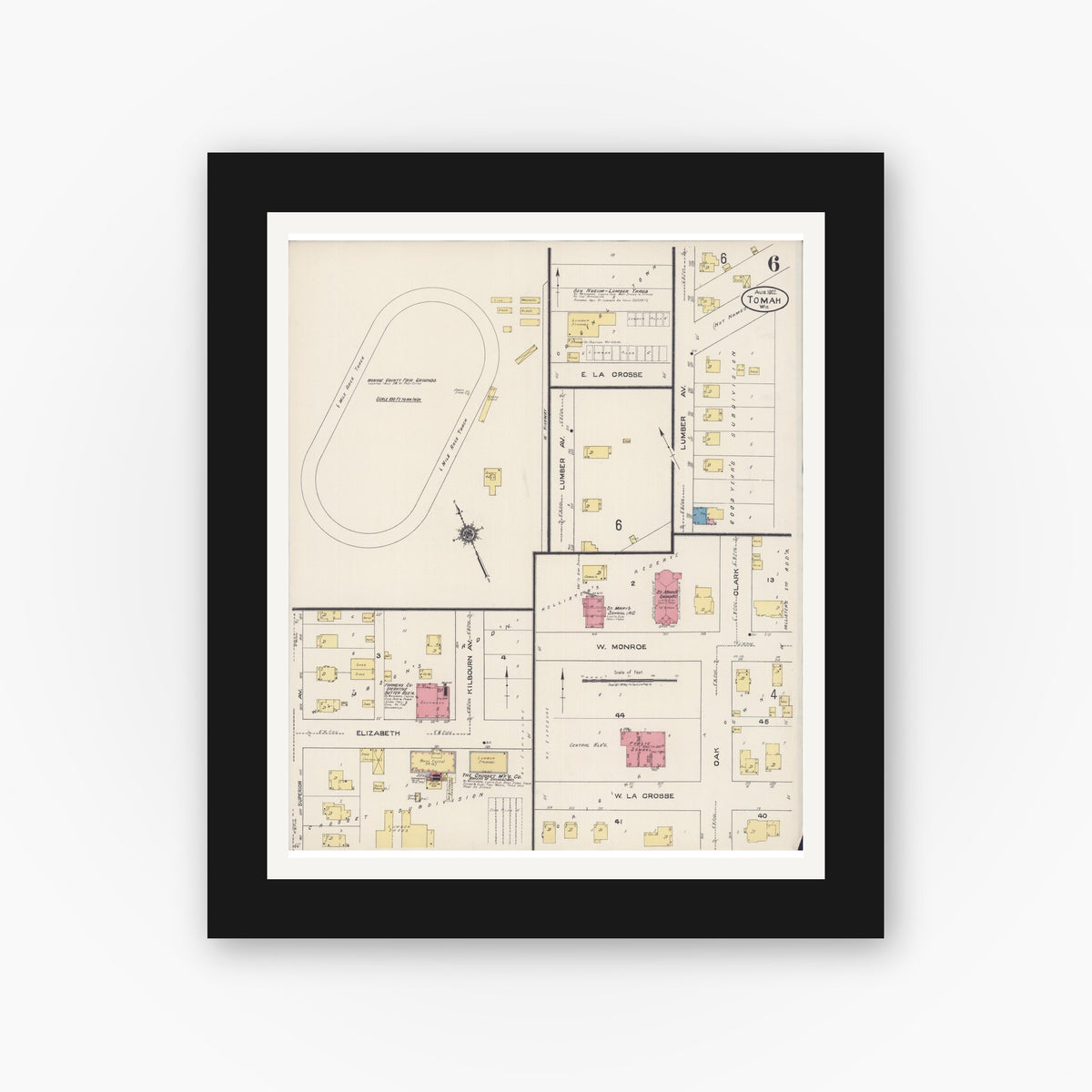 Old map wall art mockup — black gallery frame with white mat — Sanborn Fire Insurance Map from Tomah, Monroe County, Wisconsin (1922), Sheet #0006
