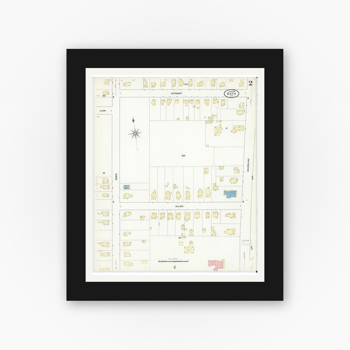 Old map wall art mockup — black gallery frame with white mat — Sanborn Fire Insurance Map from Bath, Steuben County, New York (1909), Sheet #0002