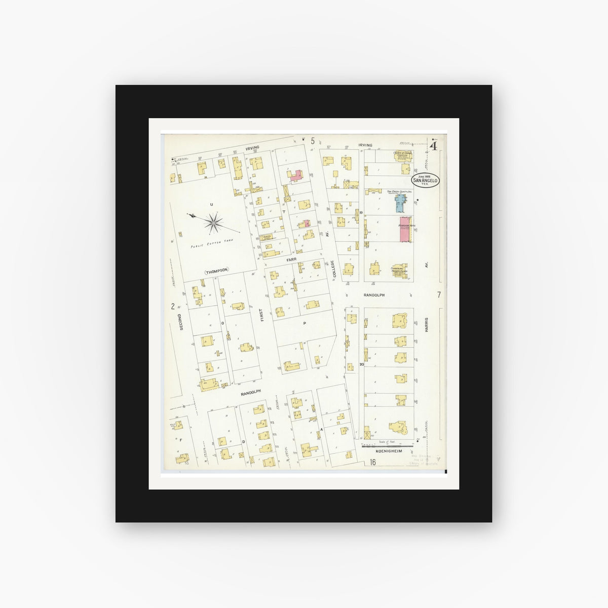 Old map wall art mockup — black gallery frame with white mat — Sanborn Fire Insurance Map from San Angelo, Tom Green County, Texas (1908), Sheet #0004