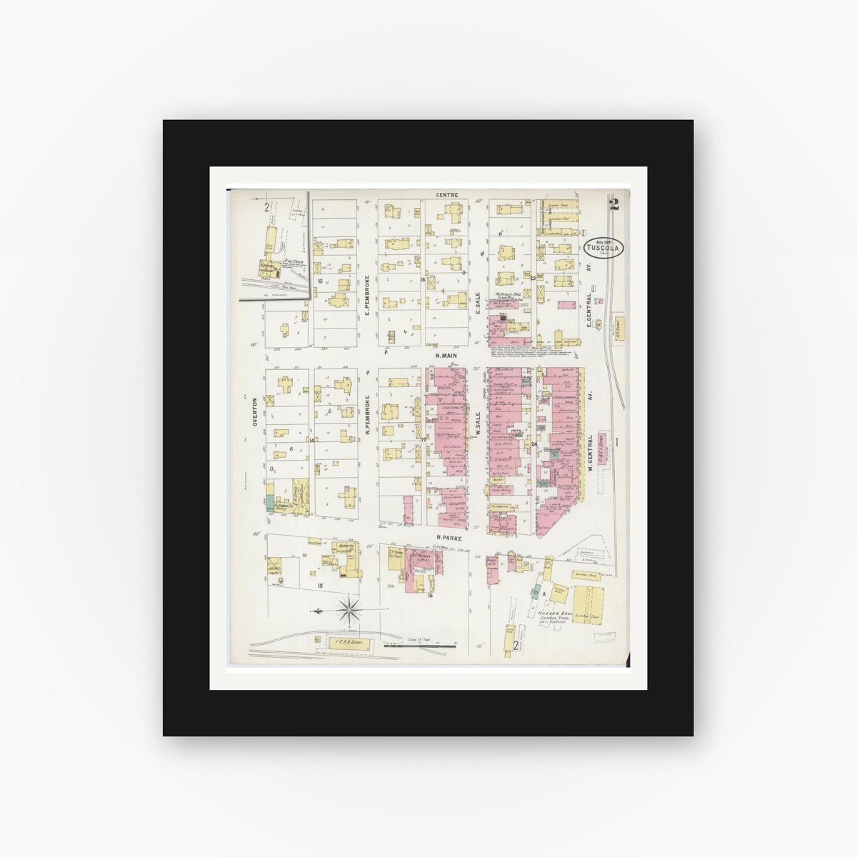 Old map wall art mockup — black gallery frame with white mat — Sanborn Fire Insurance Map from Tuscola, Douglas County, Illinois (1897), Sheet #0002