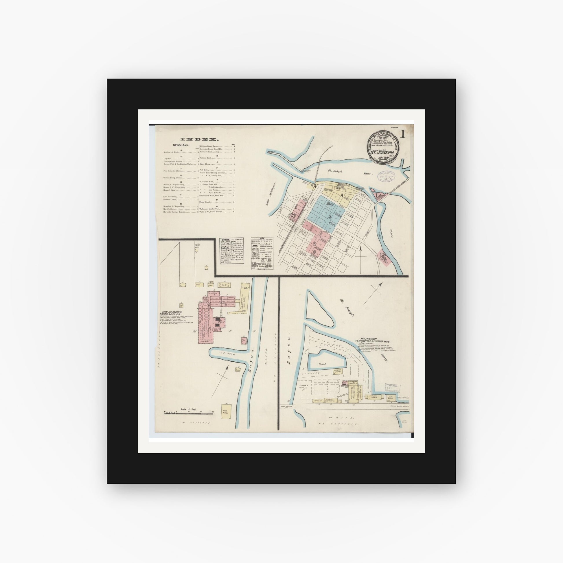 Old map wall art mockup — black gallery frame with white mat — Sanborn Fire Insurance Map from Saint Joseph, Berrien County, Michigan (1884) - Complete Map Set