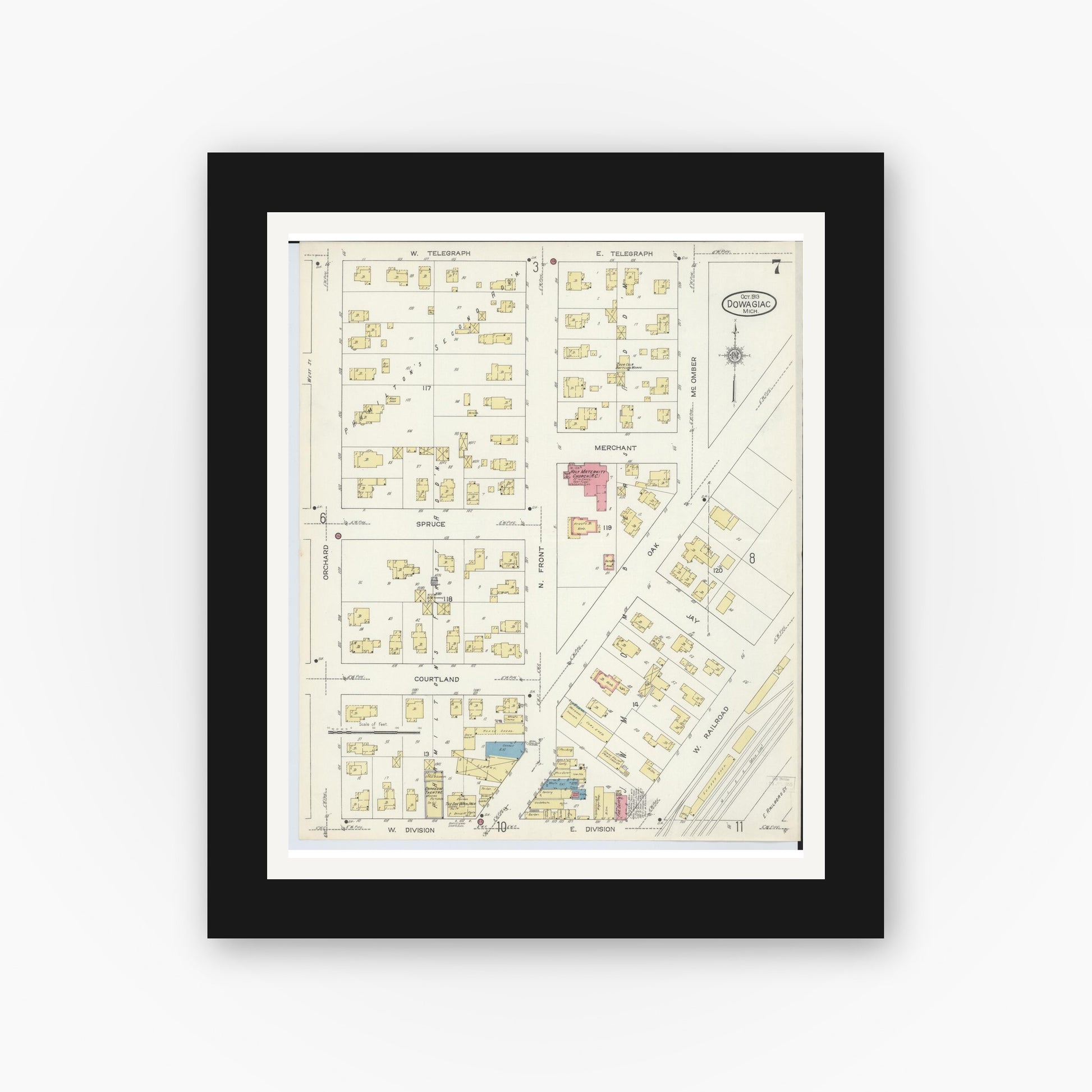 Old map wall art mockup — black gallery frame with white mat — Sanborn Fire Insurance Map from Dowagiac, Cass County, Michigan (1913), Sheet #0007