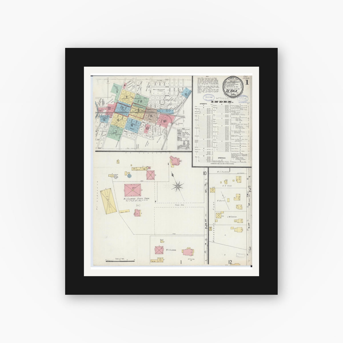 Old map wall art mockup — black gallery frame with white mat — Sanborn Fire Insurance Map from De Kalb, De Kalb County, Illinois (1897) - Complete Map Set