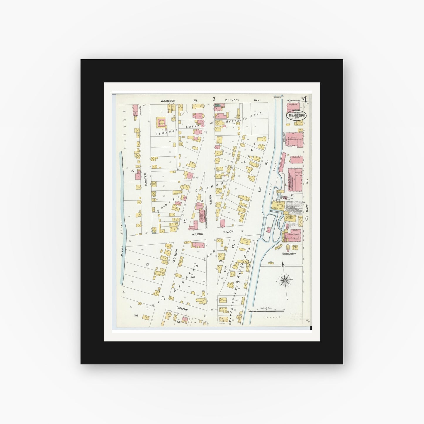 Old map wall art mockup — black gallery frame with white mat — Sanborn Fire Insurance Map from Miamisburg, Montgomery County, Ohio (1901), Sheet #0004