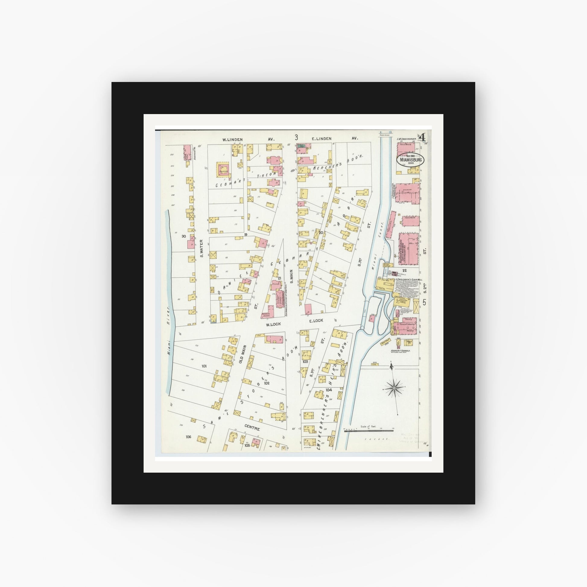 Old map wall art mockup — black gallery frame with white mat — Sanborn Fire Insurance Map from Miamisburg, Montgomery County, Ohio (1901), Sheet #0004