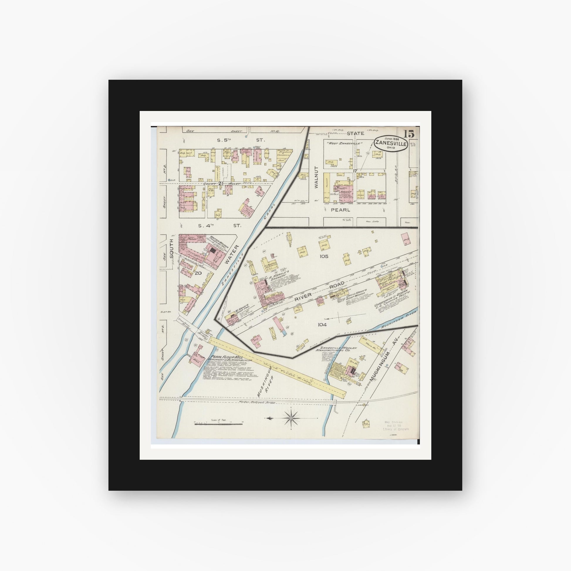Old map wall art mockup — black gallery frame with white mat — Sanborn Fire Insurance Map from Zanesville, Muskingum County, Ohio (1886), Sheet #0015