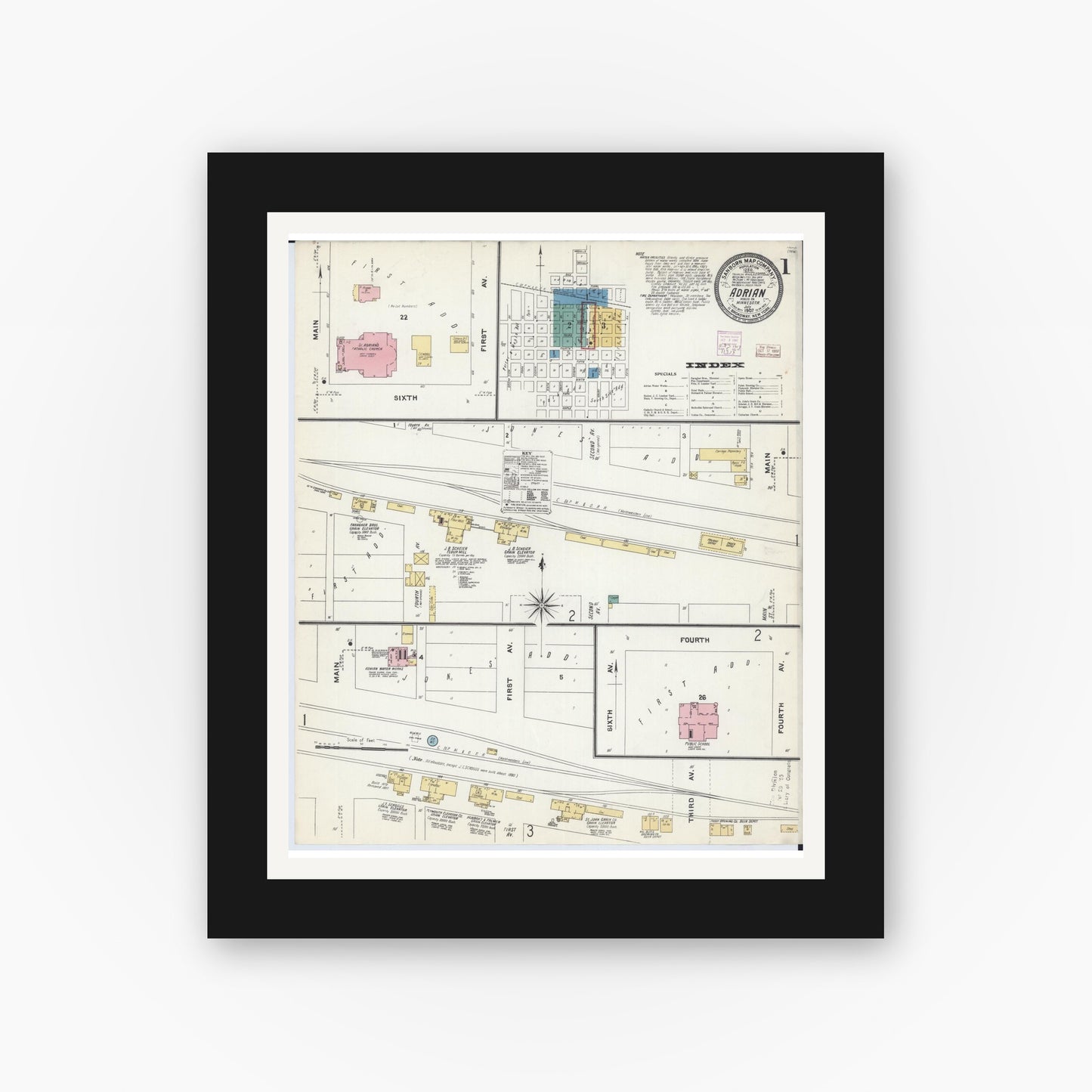 Old map wall art mockup — black gallery frame with white mat — Sanborn Fire Insurance Map from Adrian, Nobles County, Minnesota (1907), Sheet #0001