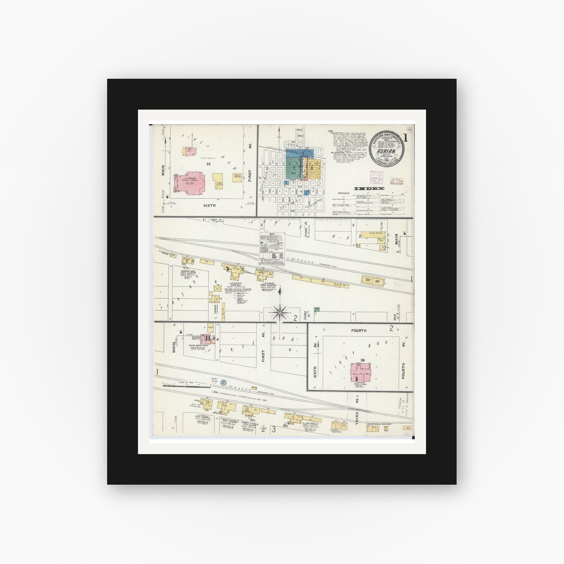 Old map wall art mockup — black gallery frame with white mat — Sanborn Fire Insurance Map from Adrian, Nobles County, Minnesota (1907), Sheet #0001
