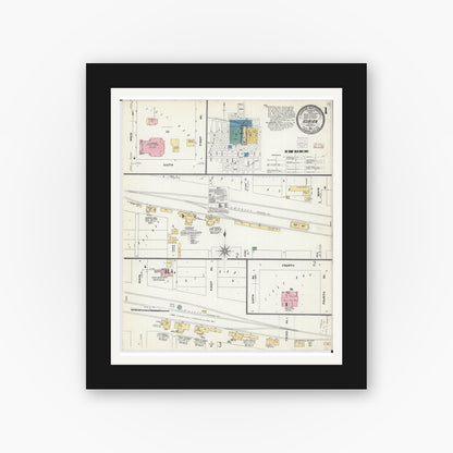 Old map wall art mockup — black gallery frame with white mat — Sanborn Fire Insurance Map from Adrian, Nobles County, Minnesota (1907), Sheet #0001