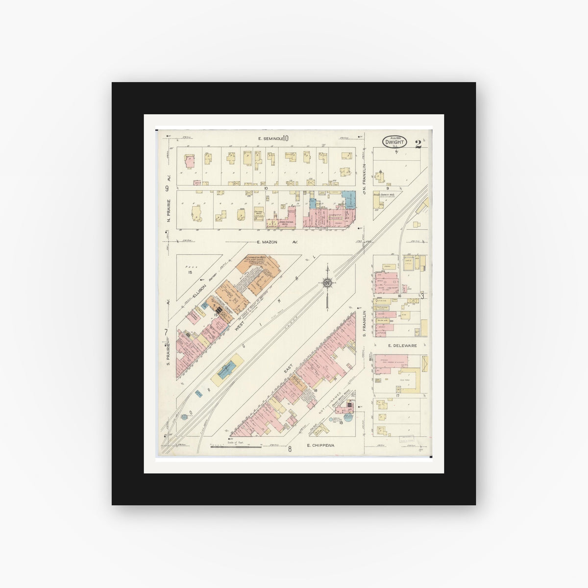 Old map wall art mockup — black gallery frame with white mat — Sanborn Fire Insurance Map from Dwight, Livingston County, Illinois (1914), Sheet #0002