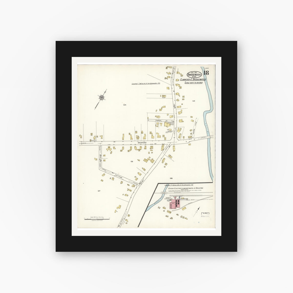 Old map wall art mockup — black gallery frame with white mat — Sanborn Fire Insurance Map from Bridgewater, Plymouth County, Massachusetts (1921), Sheet #0018