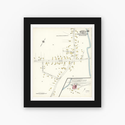 Old map wall art mockup — black gallery frame with white mat — Sanborn Fire Insurance Map from Bridgewater, Plymouth County, Massachusetts (1921), Sheet #0018