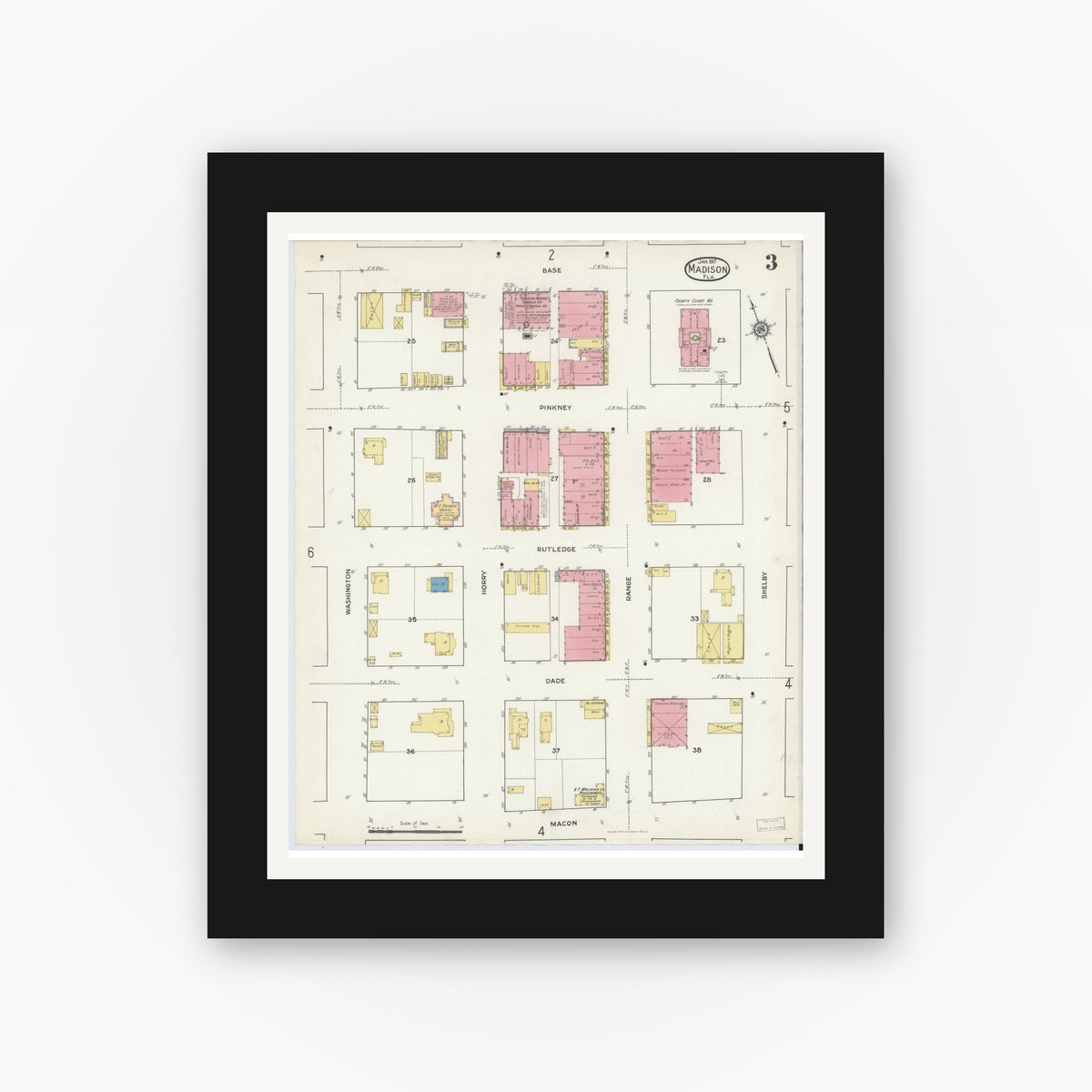 Old map wall art mockup — black gallery frame with white mat — Sanborn Fire Insurance Map from Madison, Madison County, Florida (1917), Sheet #0003