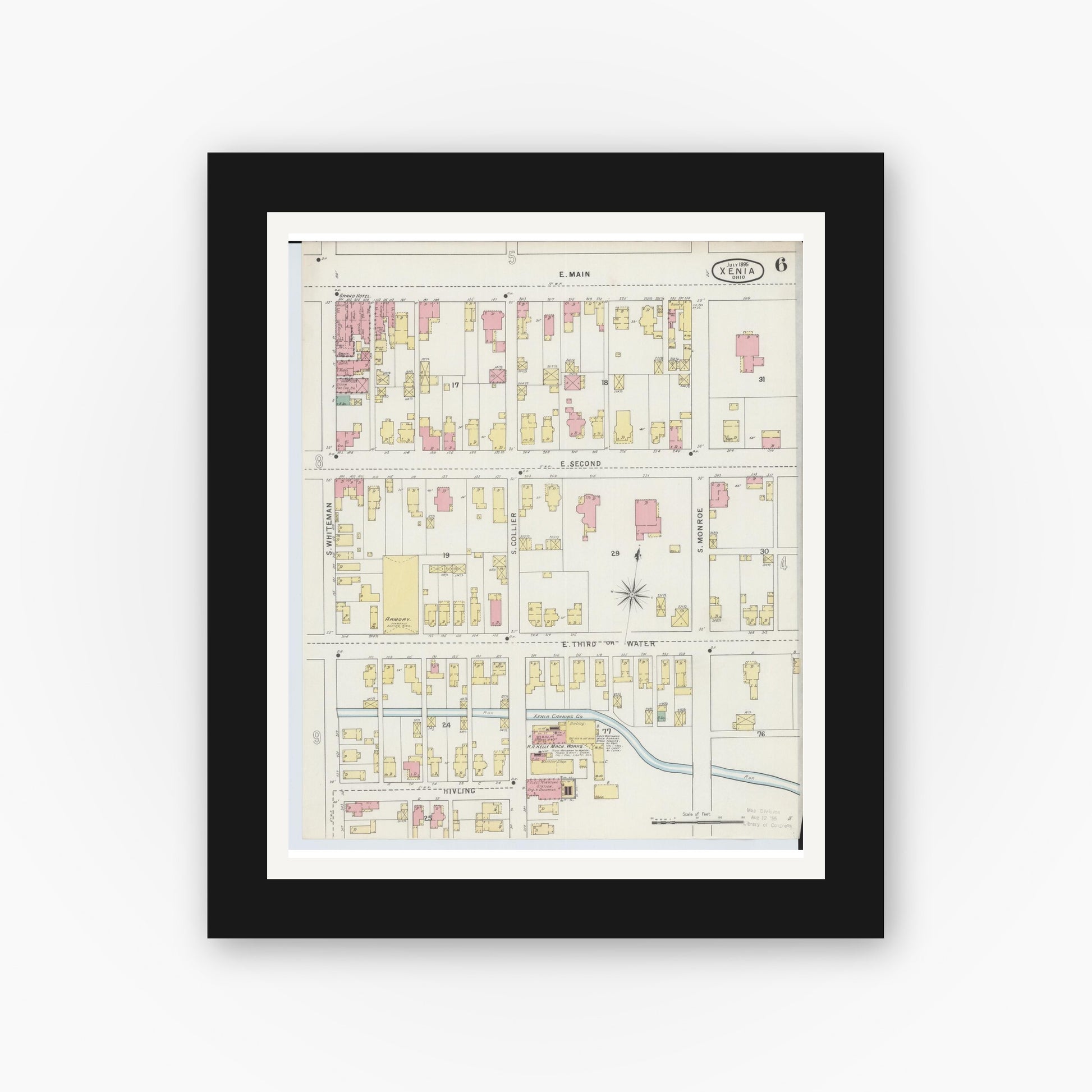 Old map wall art mockup — black gallery frame with white mat — Sanborn Fire Insurance Map from Xenia, Greene County, Ohio (1895), Sheet #0006