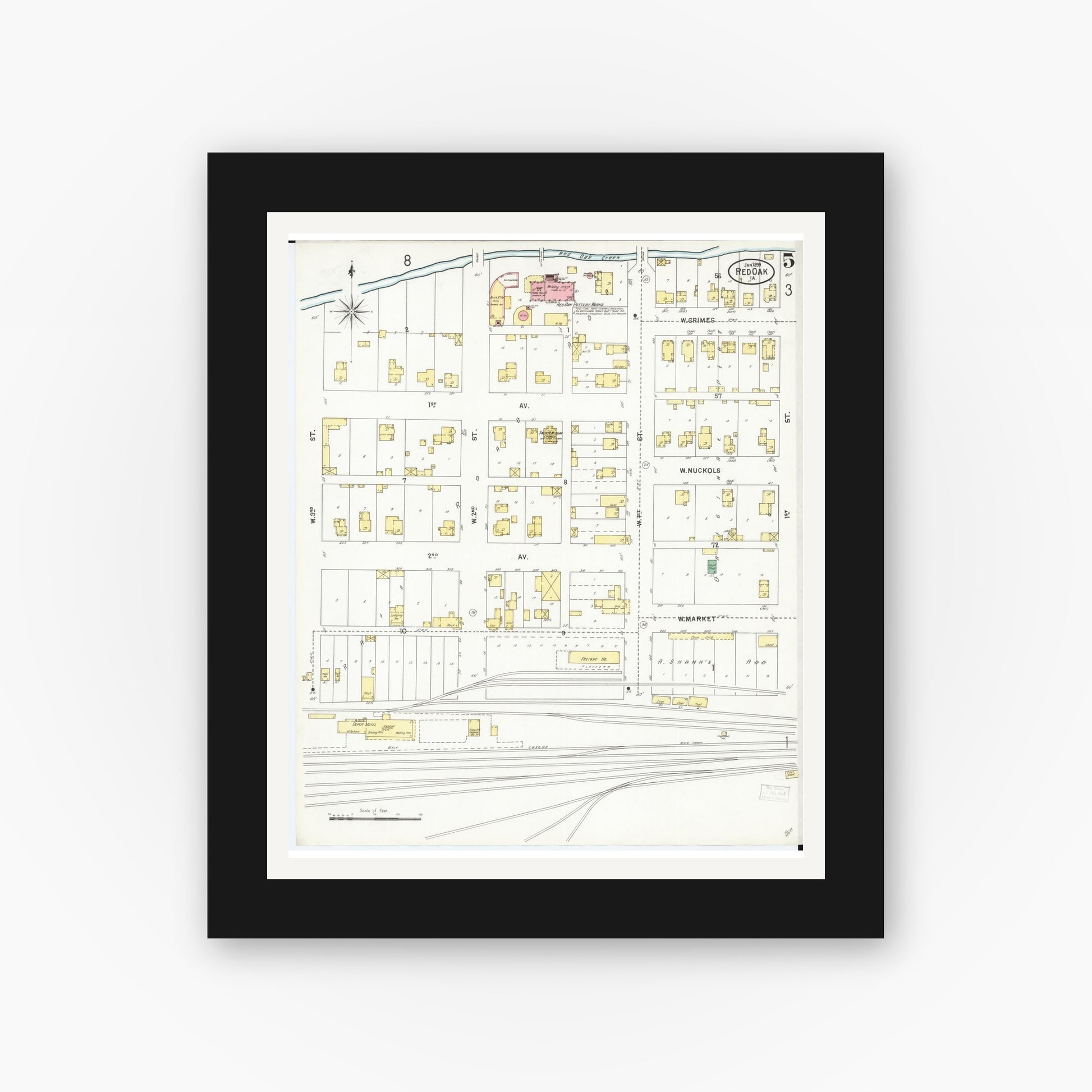 Old map wall art mockup — black gallery frame with white mat — Sanborn Fire Insurance Map from Red Oak, Montgomery County, Iowa (1899), Sheet #0005