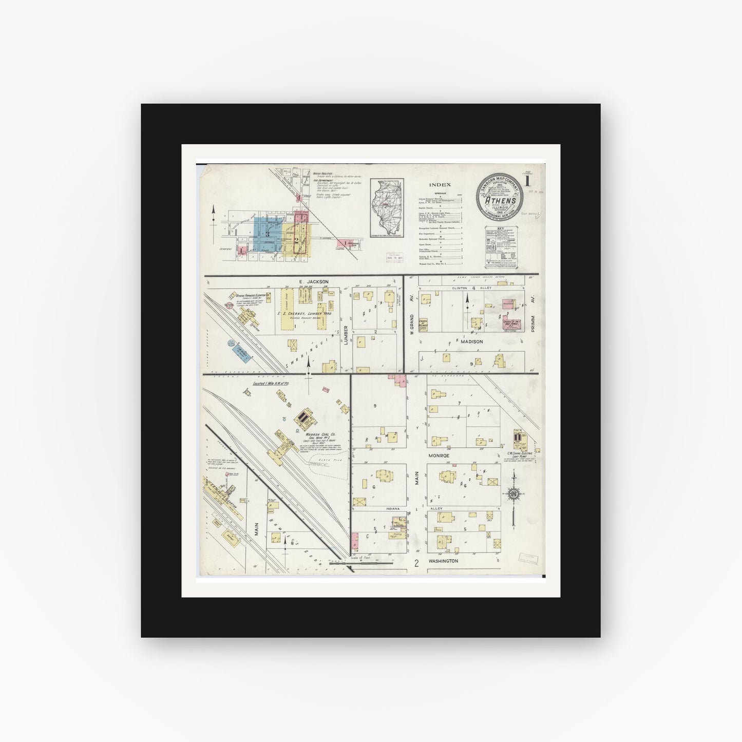 Old map wall art mockup — black gallery frame with white mat — Sanborn Fire Insurance Map from Athens, Menard County, Illinois (1914), Sheet #0001
