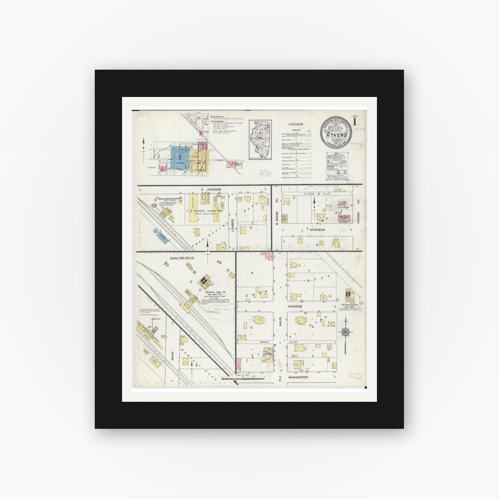 Old map wall art mockup — black gallery frame with white mat — Sanborn Fire Insurance Map from Athens, Menard County, Illinois (1914), Sheet #0001