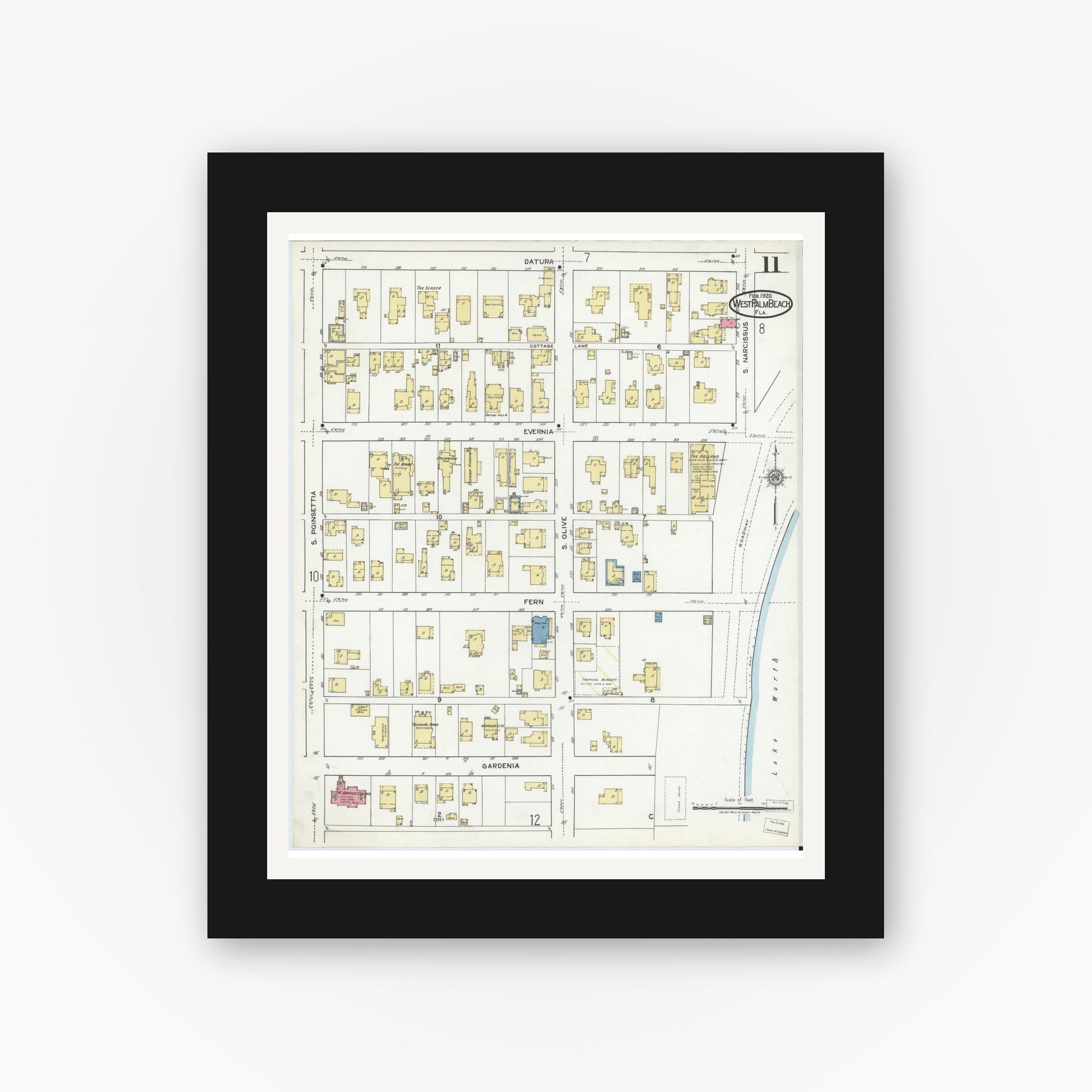 Old map wall art mockup — black gallery frame with white mat — Sanborn Fire Insurance Map from West Palm Beach, Dade County, Florida (1920), Sheet #0011