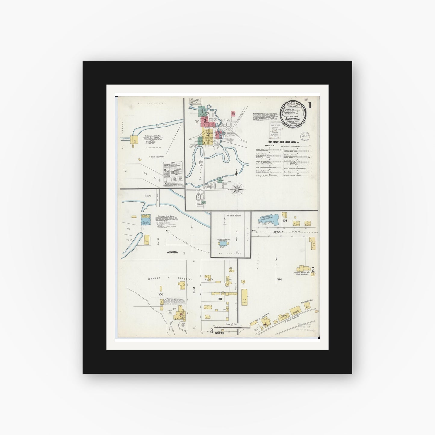 Old map wall art mockup — black gallery frame with white mat — Sanborn Fire Insurance Map from Rushford, Fillmore County, Minnesota (1900), Sheet #0001