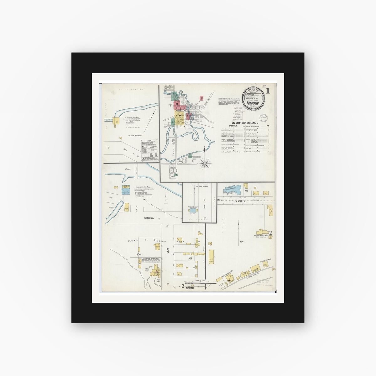Old map wall art mockup — black gallery frame with white mat — Sanborn Fire Insurance Map from Rushford, Fillmore County, Minnesota (1900), Sheet #0001