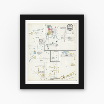 Old map wall art mockup — black gallery frame with white mat — Sanborn Fire Insurance Map from Rushford, Fillmore County, Minnesota (1900), Sheet #0001