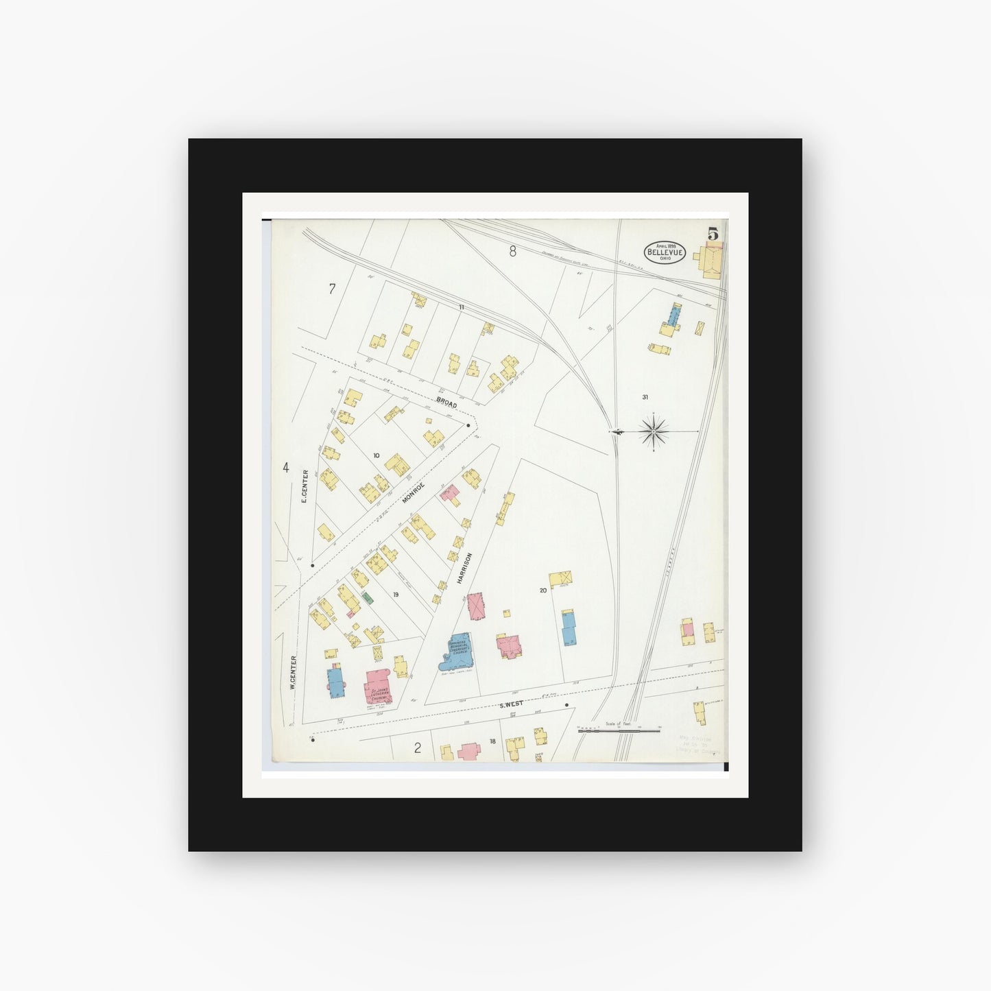Old map wall art mockup — black gallery frame with white mat — Sanborn Fire Insurance Map from Bellevue, Huron And Sandusky County, Ohio (1899), Sheet #0005