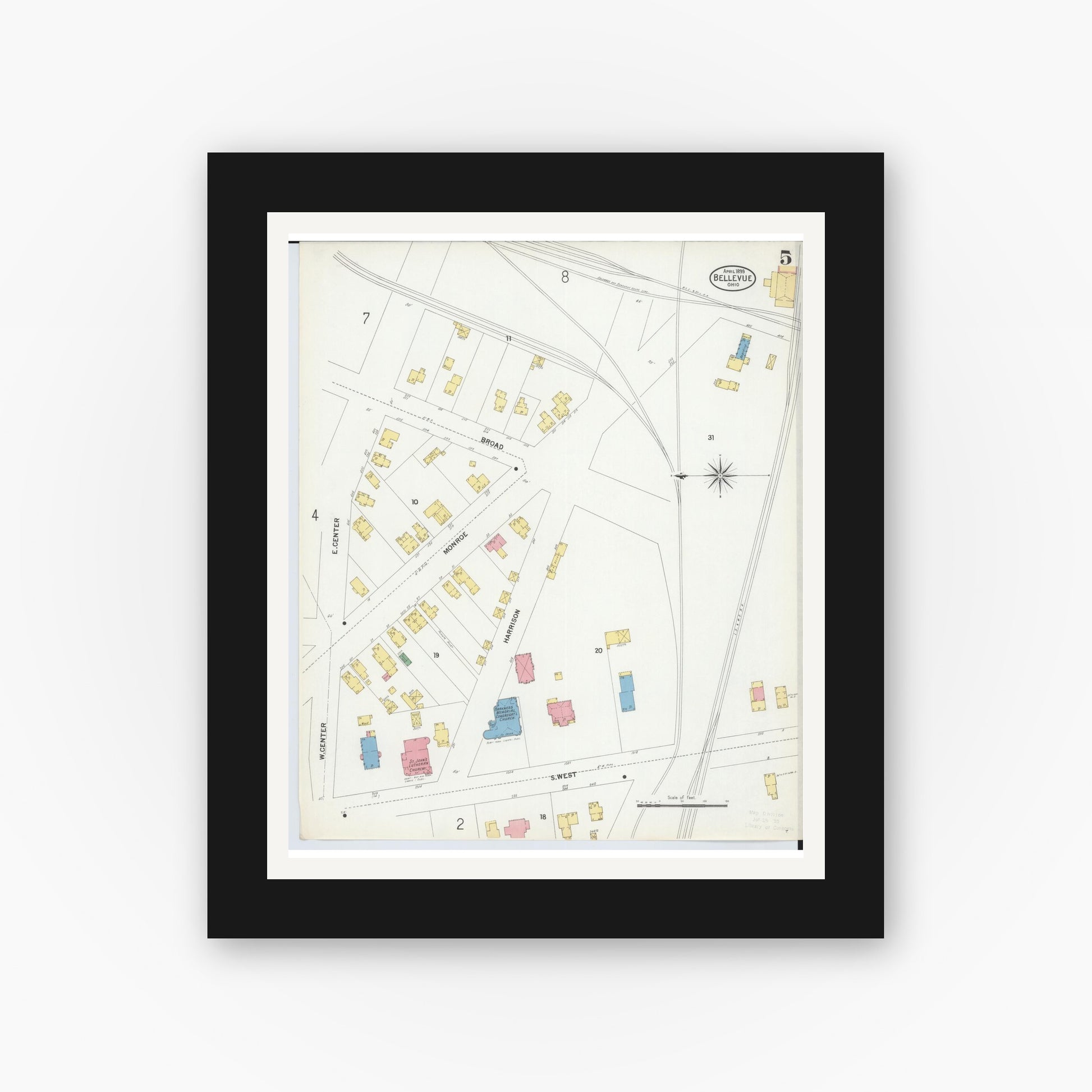 Old map wall art mockup — black gallery frame with white mat — Sanborn Fire Insurance Map from Bellevue, Huron And Sandusky County, Ohio (1899), Sheet #0005
