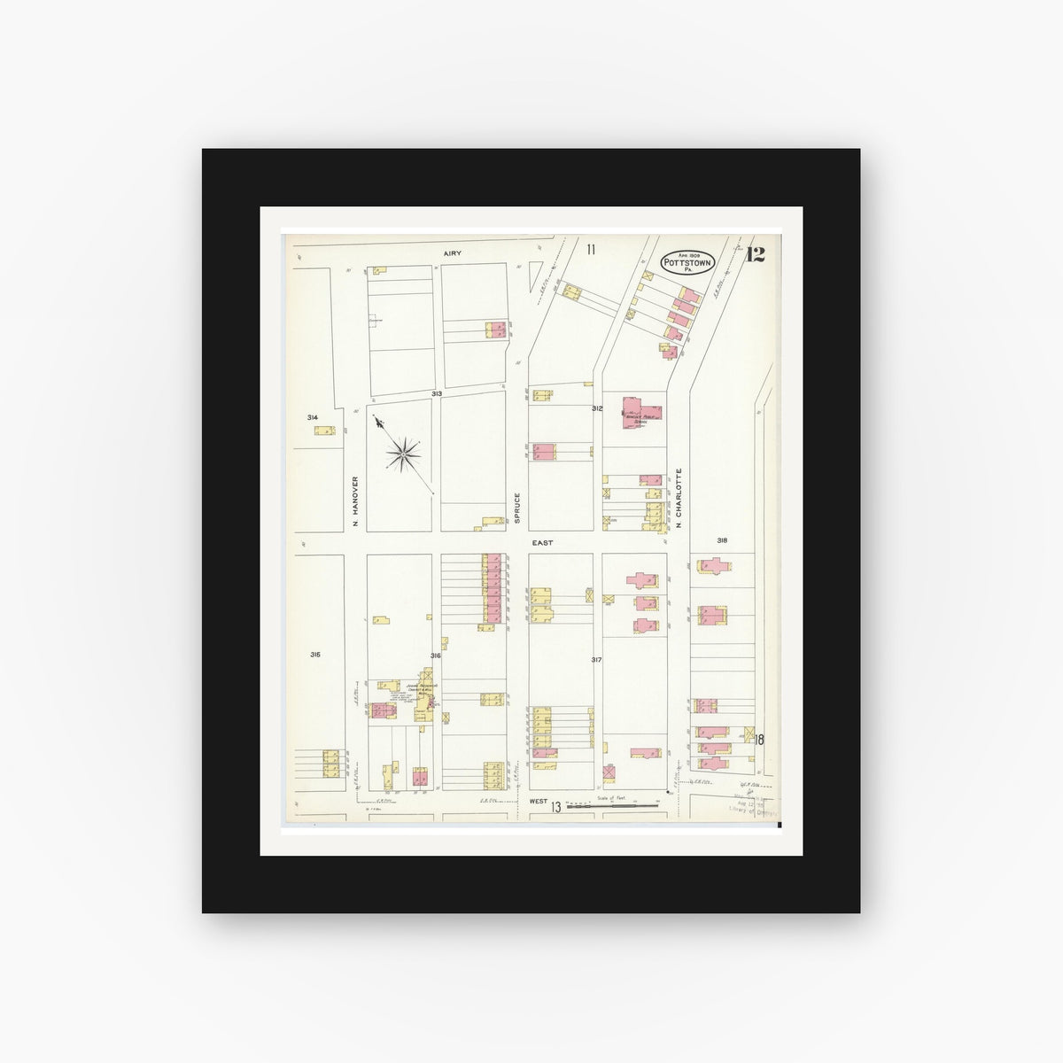Old map wall art mockup — black gallery frame with white mat — Sanborn Fire Insurance Map from Pottstown, Montgomery County, Pennsylvania (1909), Sheet #0012