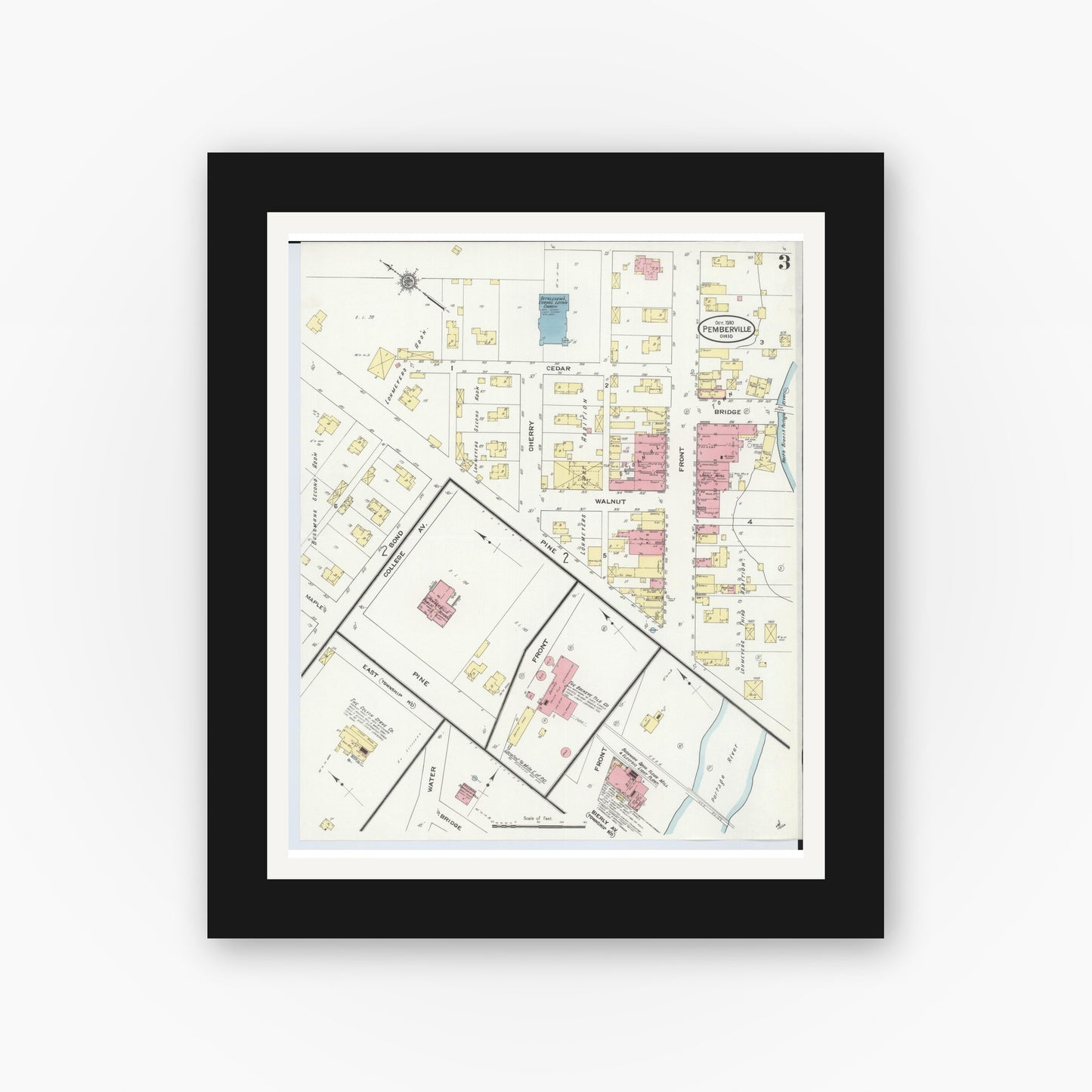 Old map wall art mockup — black gallery frame with white mat — Sanborn Fire Insurance Map from Pemberville, Wood County, Ohio (1910), Sheet #0003