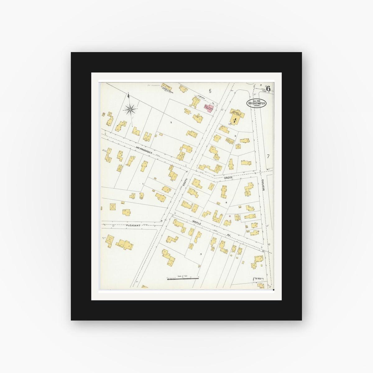 Old map wall art mockup — black gallery frame with white mat — Sanborn Fire Insurance Map from Bridgewater, Plymouth County, Massachusetts (1906), Sheet #0006