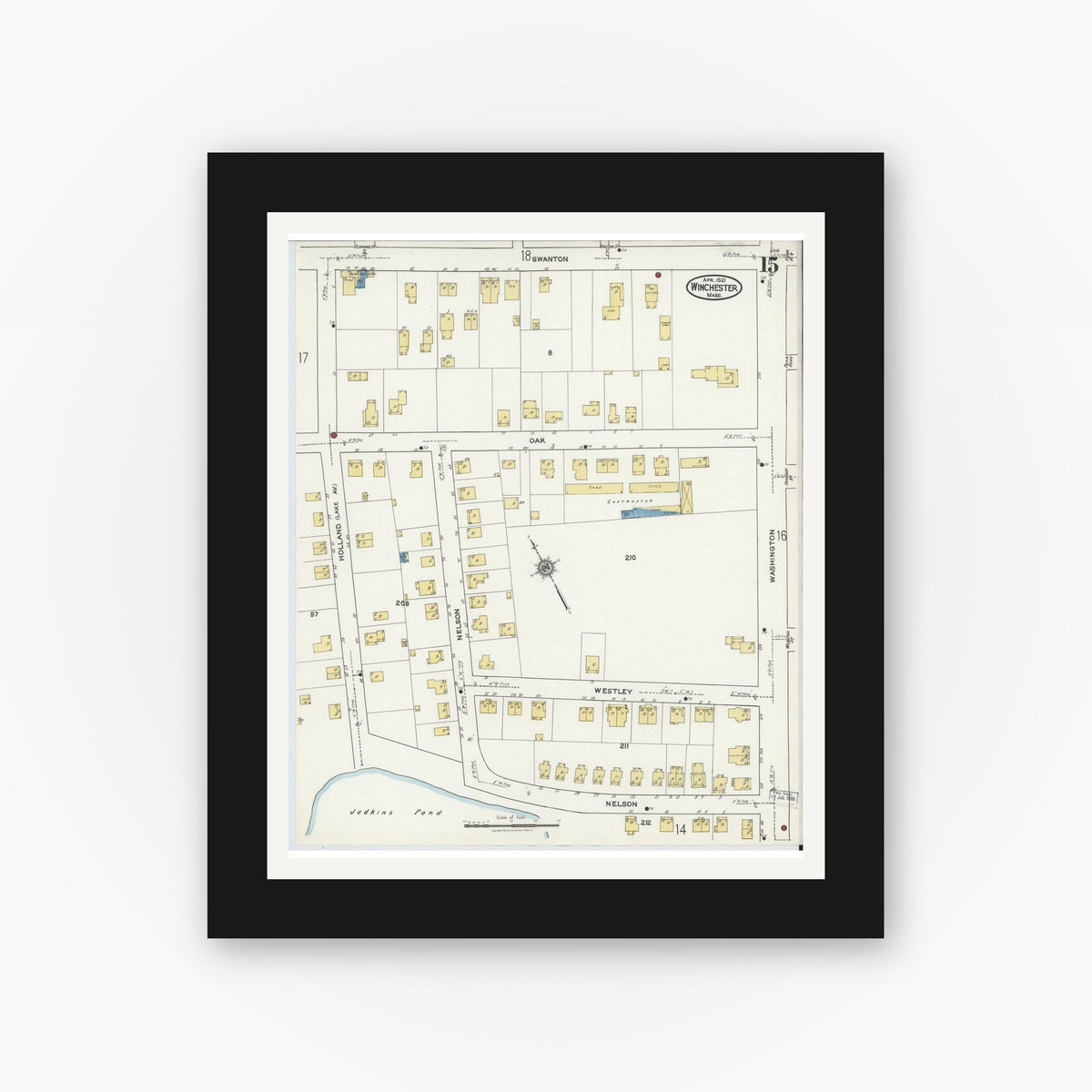 Old map wall art mockup — black gallery frame with white mat — Sanborn Fire Insurance Map from Winchester, Middlesex County, Massachusetts (1921), Sheet #0015