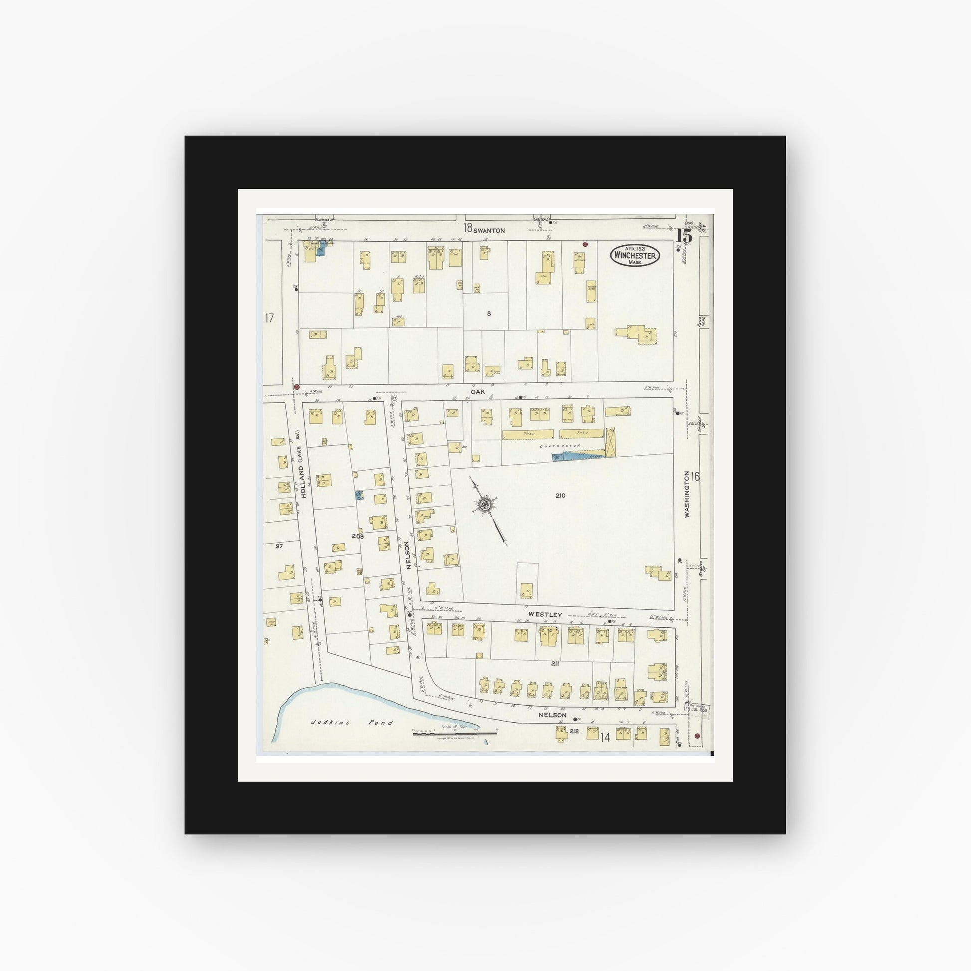Old map wall art mockup — black gallery frame with white mat — Sanborn Fire Insurance Map from Winchester, Middlesex County, Massachusetts (1921), Sheet #0015