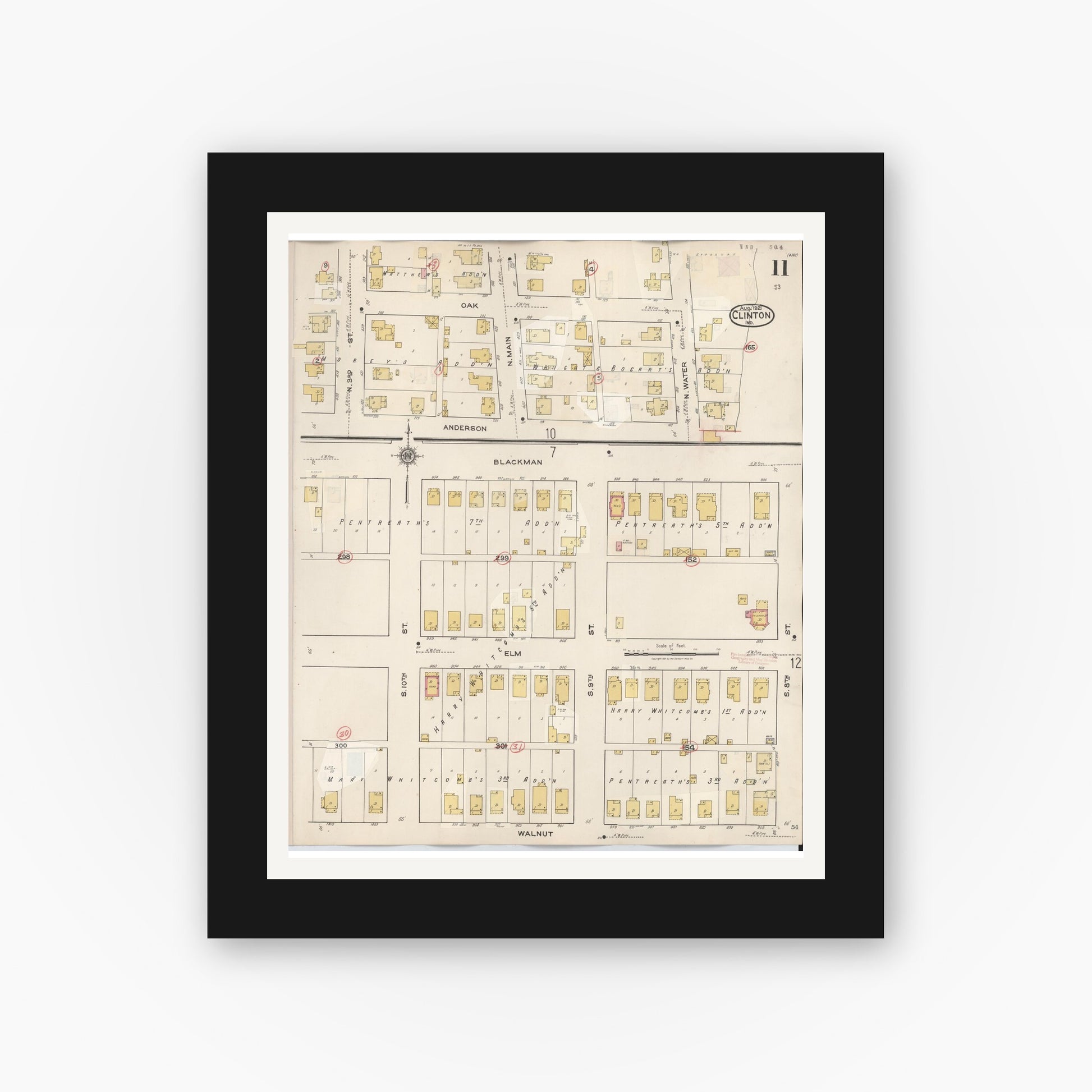 Old map wall art mockup — black gallery frame with white mat — Sanborn Fire Insurance Map from Clinton, Vermillion County, Indiana (1947), Sheet #0011