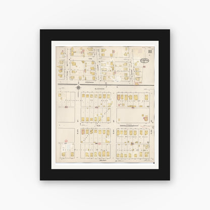 Old map wall art mockup — black gallery frame with white mat — Sanborn Fire Insurance Map from Clinton, Vermillion County, Indiana (1947), Sheet #0011