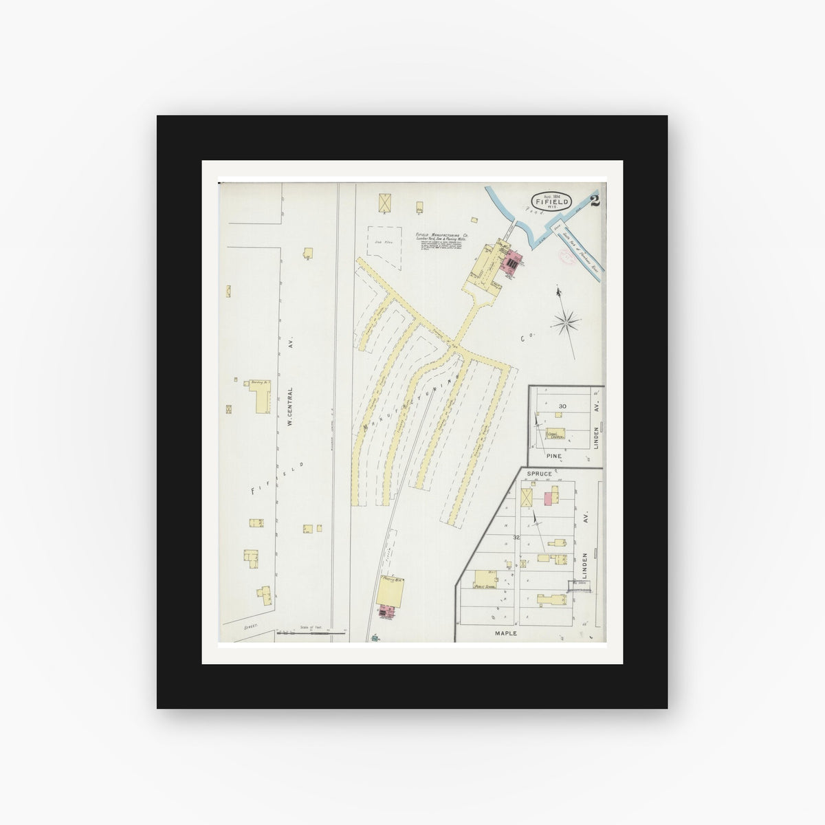 Old map wall art mockup — black gallery frame with white mat — Sanborn Fire Insurance Map from Fifield, Price County, Wisconsin (1894) - Complete Map Set