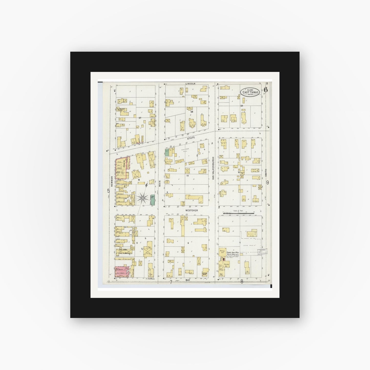 Old map wall art mockup — black gallery frame with white mat — Sanborn Fire Insurance Map from Tawas City, Iosco County, Michigan (1898), Sheet #0006