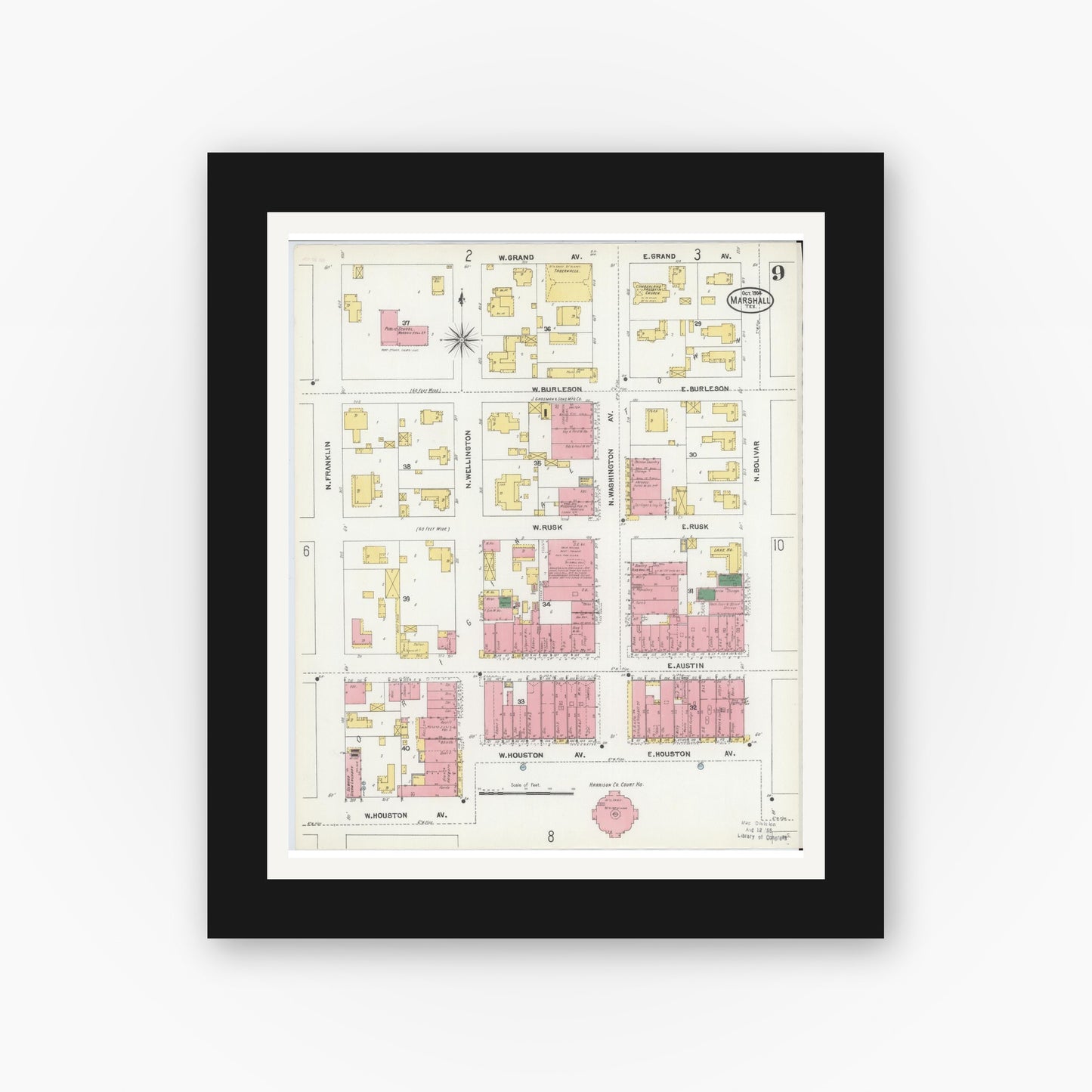 Old map wall art mockup — black gallery frame with white mat — Sanborn Fire Insurance Map from Marshall, Harrison County, Texas (1904), Sheet #0009