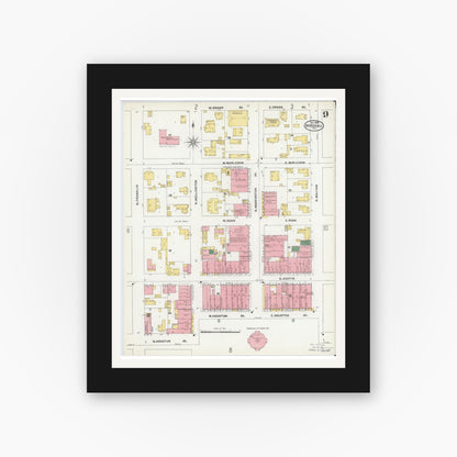 Old map wall art mockup — black gallery frame with white mat — Sanborn Fire Insurance Map from Marshall, Harrison County, Texas (1904), Sheet #0009