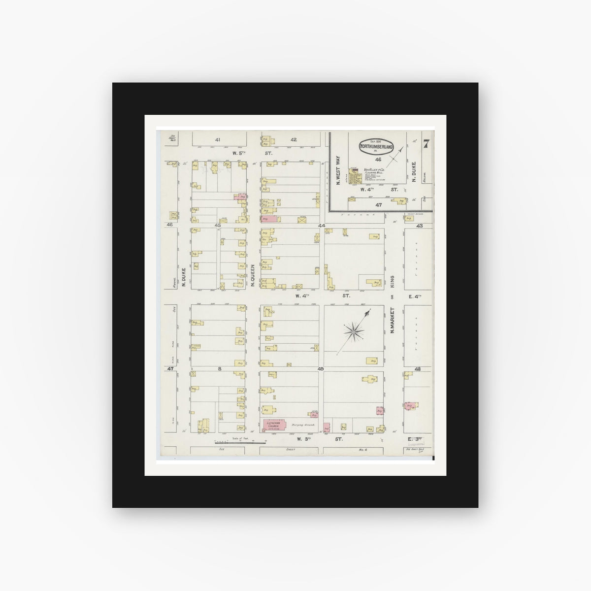 Old map wall art mockup — black gallery frame with white mat — Sanborn Fire Insurance Map from Northumberland, Northumberland County, Pennsylvania (1890), Sheet #0007