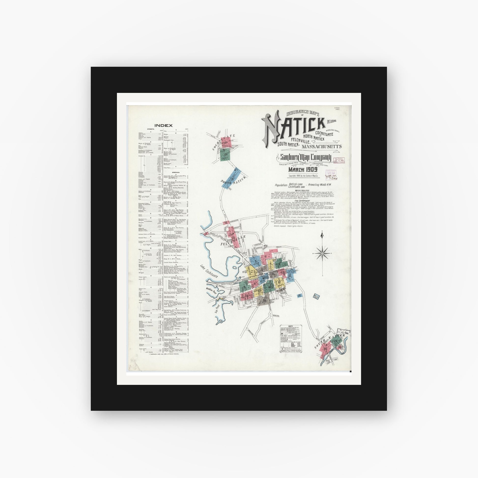 Old map wall art mockup — black gallery frame with white mat — Sanborn Fire Insurance Map from Natick, Middlesex County, Massachusetts (1909), Sheet #0001