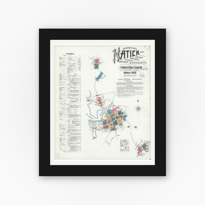 Old map wall art mockup — black gallery frame with white mat — Sanborn Fire Insurance Map from Natick, Middlesex County, Massachusetts (1909), Sheet #0001