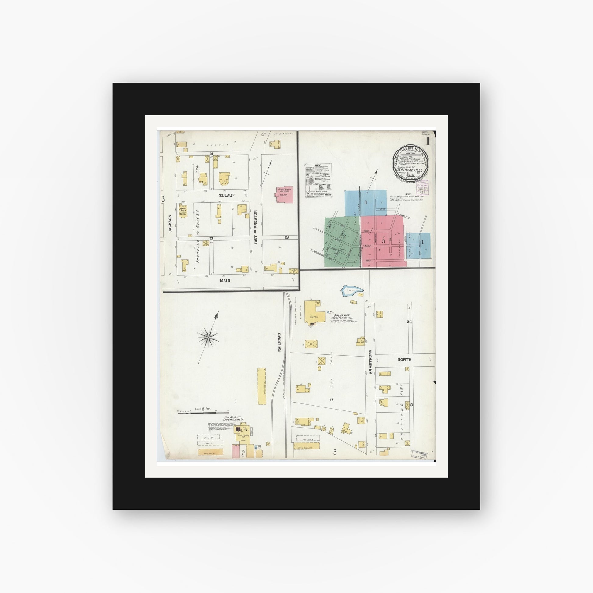 Old map wall art mockup — black gallery frame with white mat — Sanborn Fire Insurance Map from Crothersville, Jackson County, Indiana (1901) - Complete Map Set