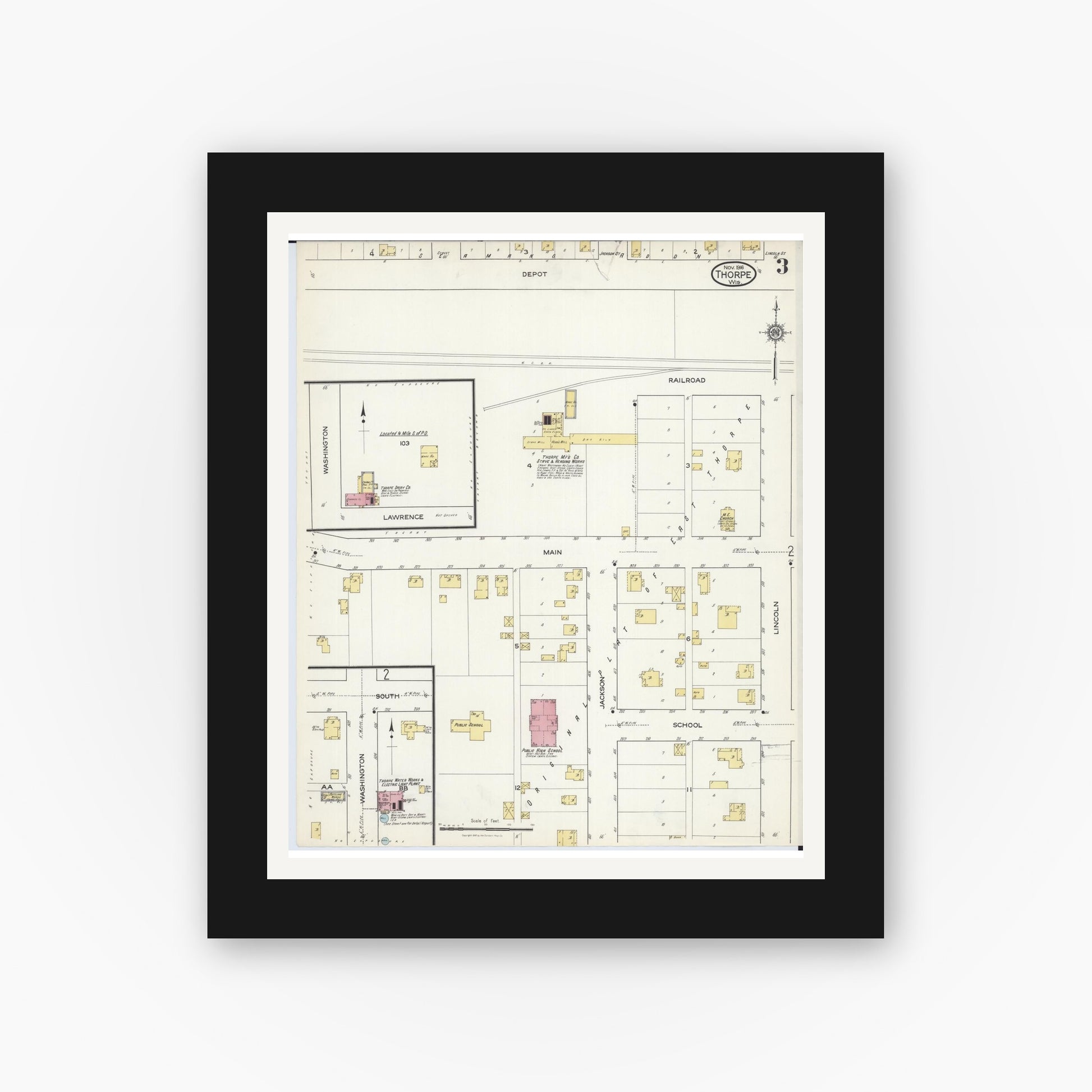 Old map wall art mockup — black gallery frame with white mat — Sanborn Fire Insurance Map from Thorpe, Clark County, Wisconsin (1916), Sheet #0003