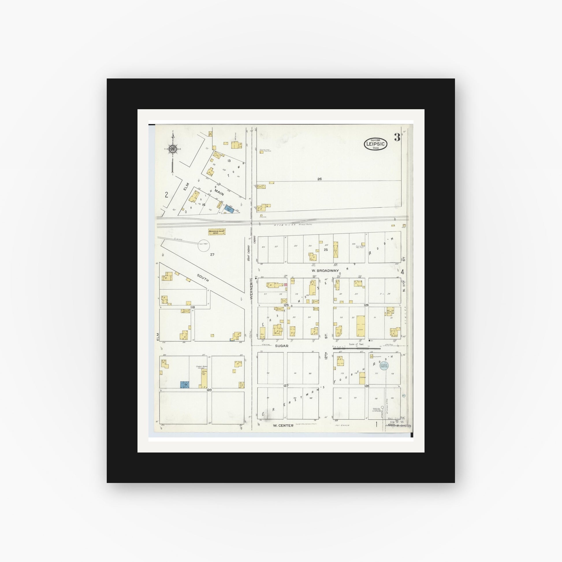 Old map wall art mockup — black gallery frame with white mat — Sanborn Fire Insurance Map from Leipsic, Putnam County, Ohio (1916), Sheet #0003