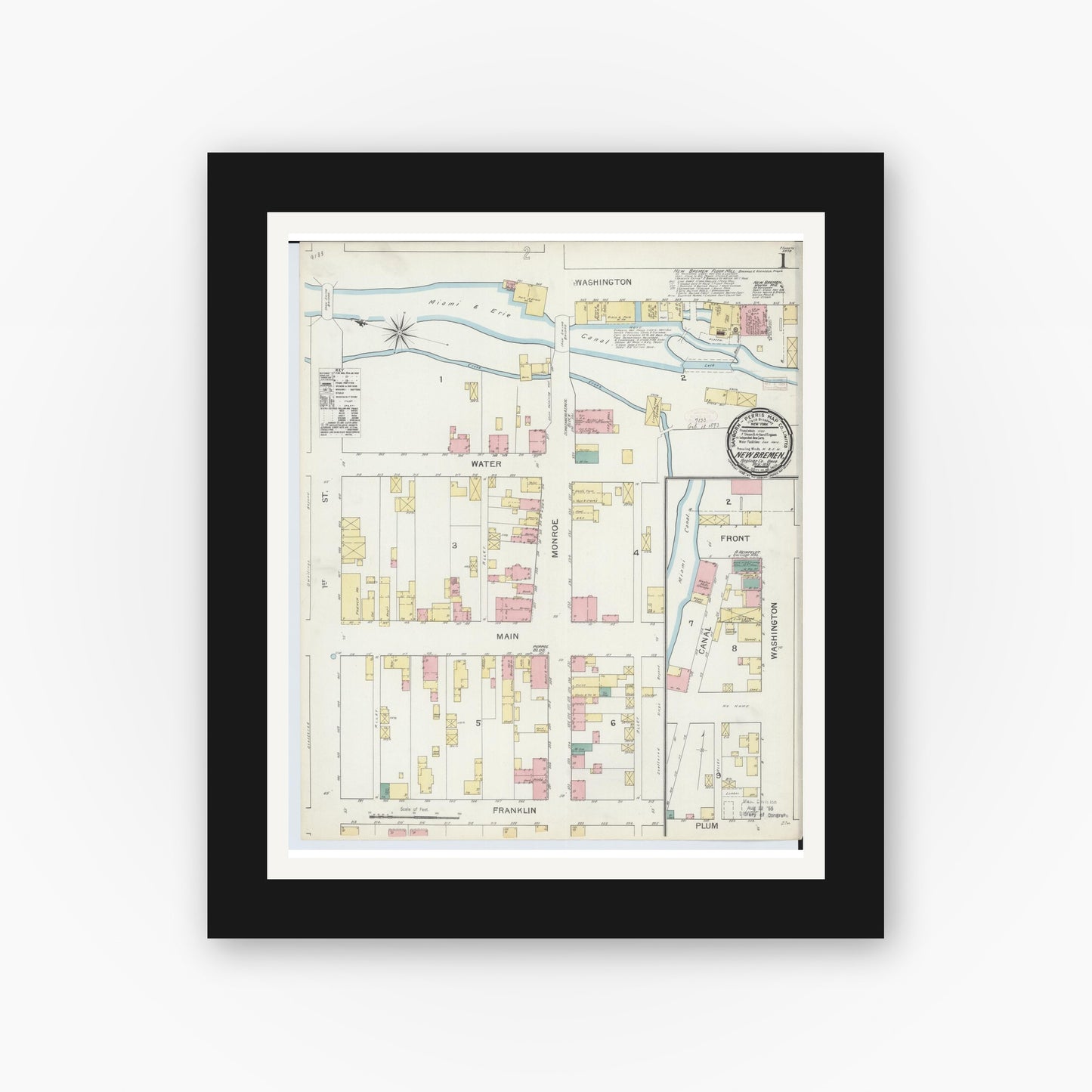 Old map wall art mockup — black gallery frame with white mat — Sanborn Fire Insurance Map from New Bremen, Auglaize County, Ohio (1892), Sheet #0001