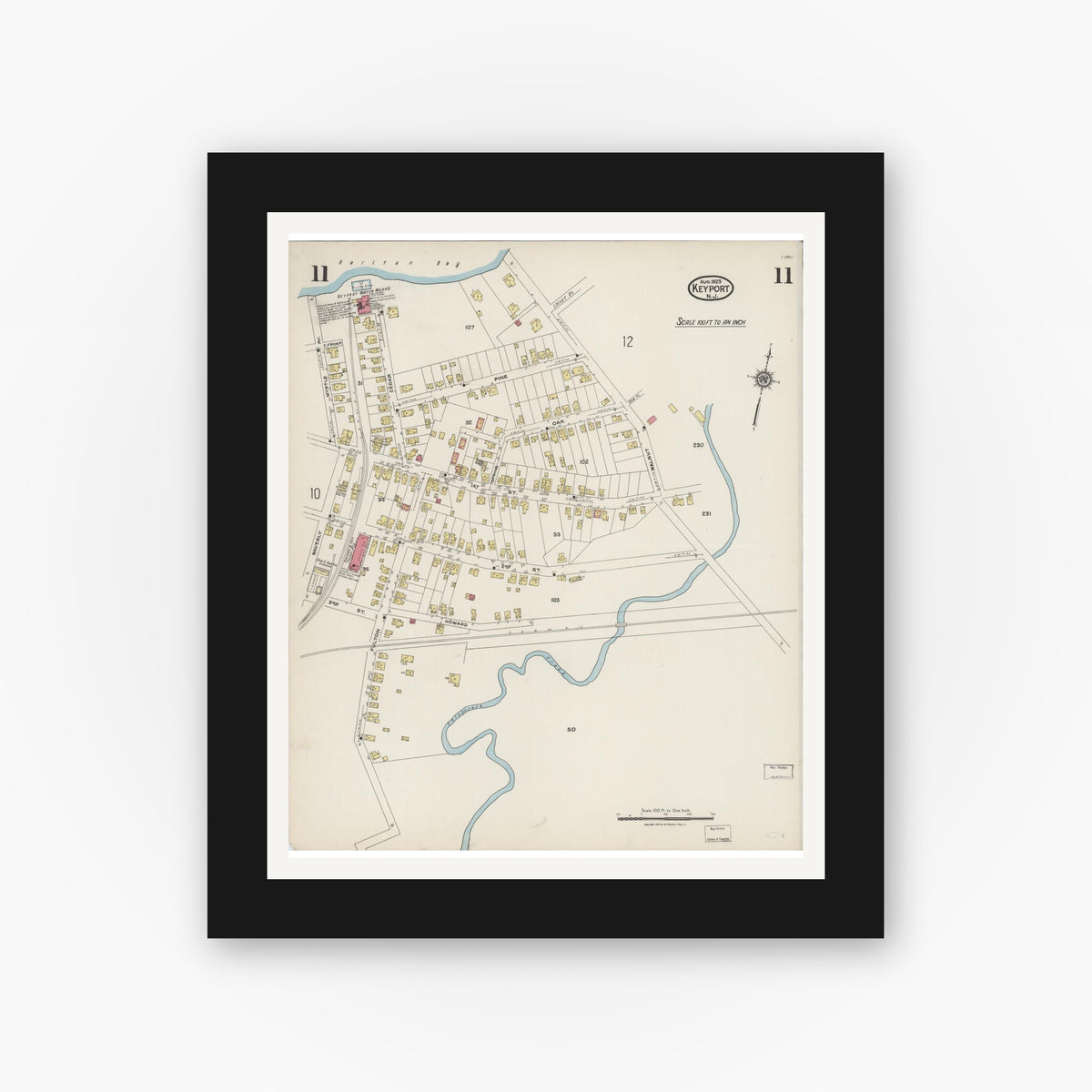 Old map wall art mockup — black gallery frame with white mat — Sanborn Fire Insurance Map from Keyport, Monmouth County, New Jersey (1923), Sheet #0011