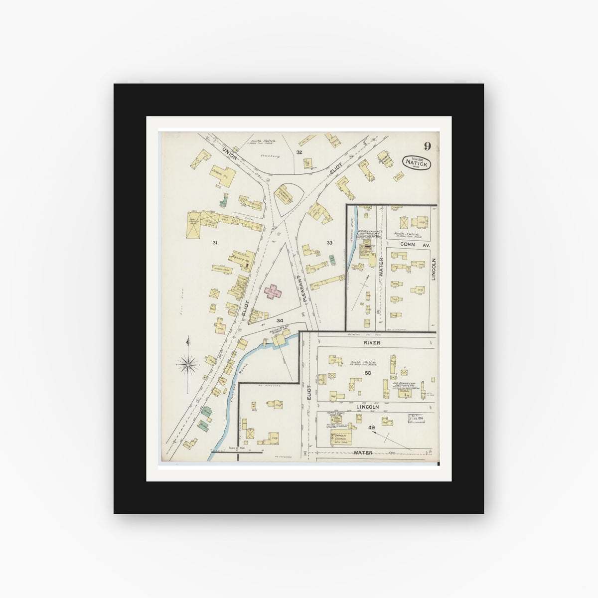Old map wall art mockup — black gallery frame with white mat — Sanborn Fire Insurance Map from Natick, Middlesex County, Massachusetts (1888), Sheet #0009