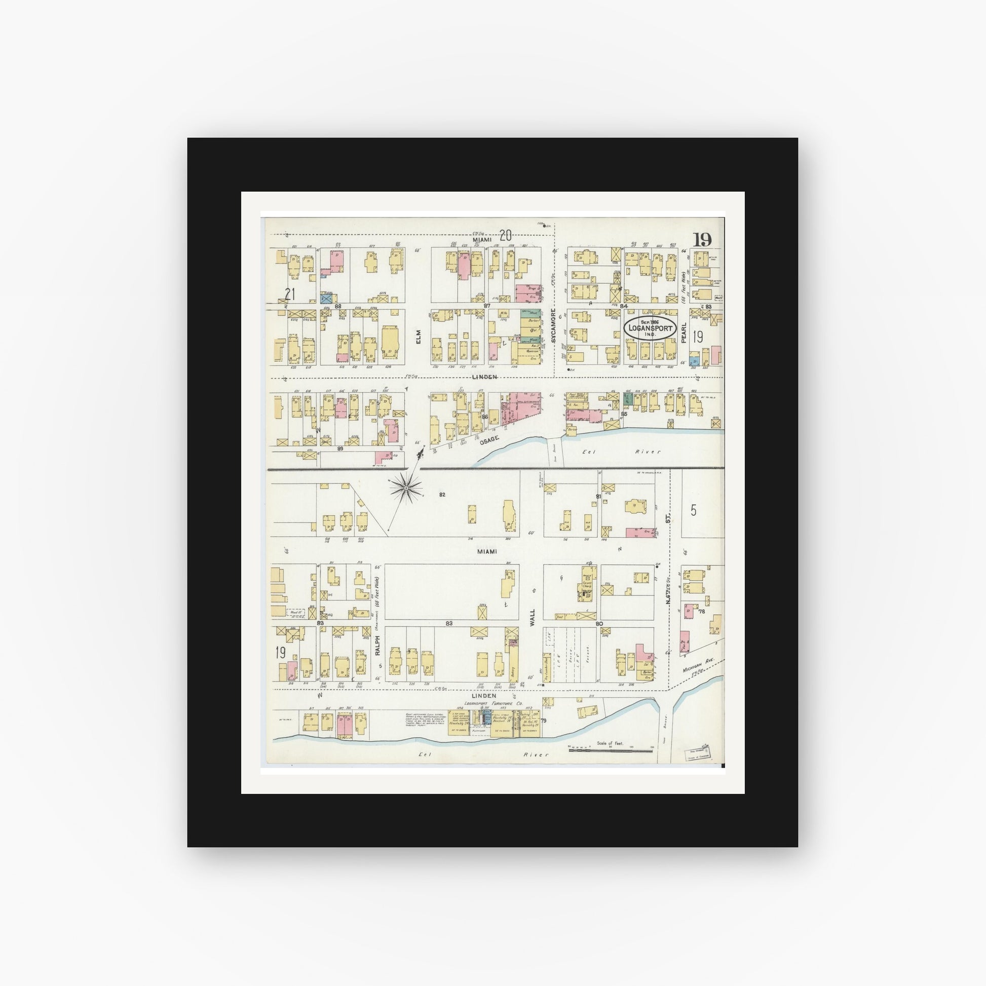 Old map wall art mockup — black gallery frame with white mat — Sanborn Fire Insurance Map from Logansport, Cass County, Indiana (1906), Sheet #0019