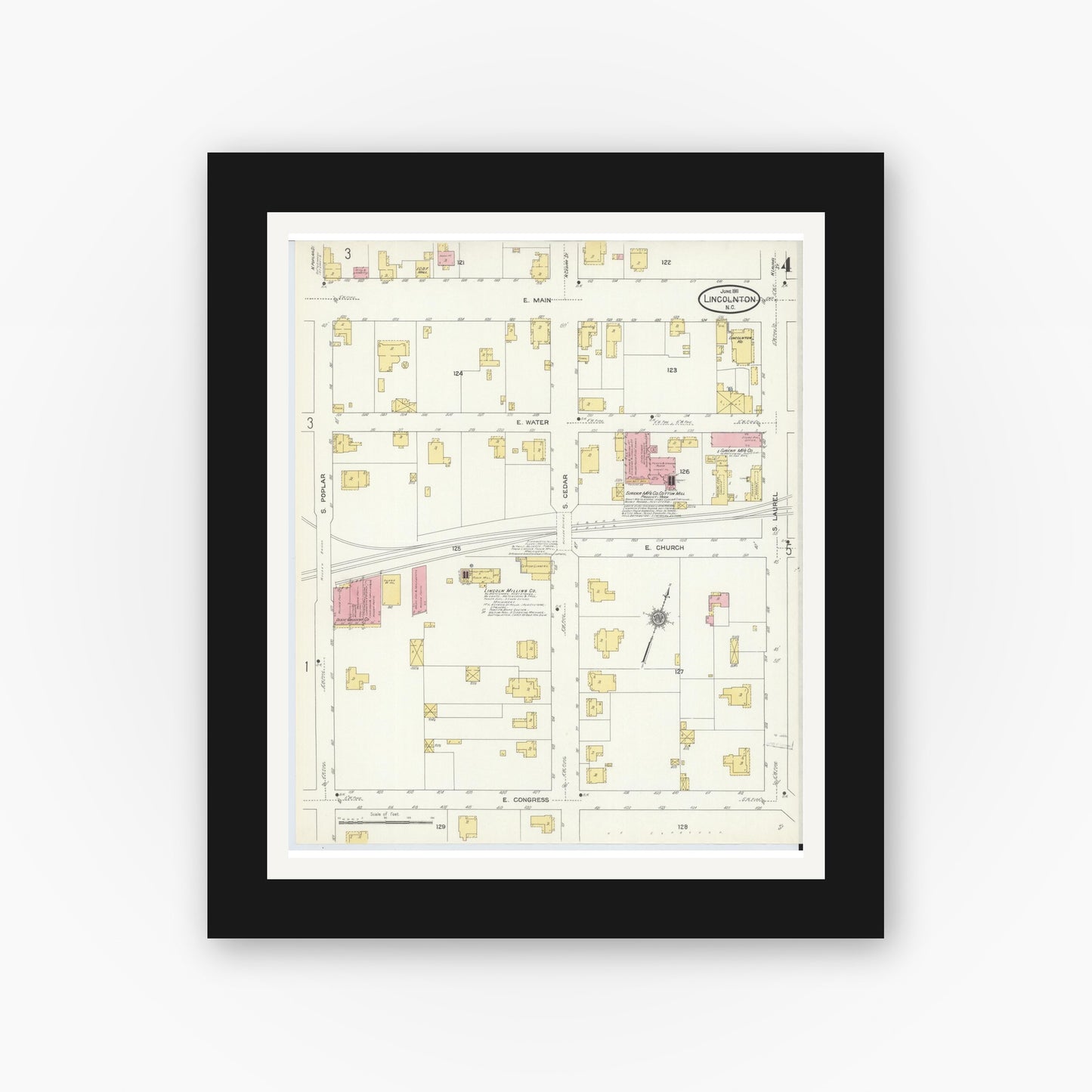 Old map wall art mockup — black gallery frame with white mat — Sanborn Fire Insurance Map from Lincolnton, Lincoln County, North Carolina (1911), Sheet #0004