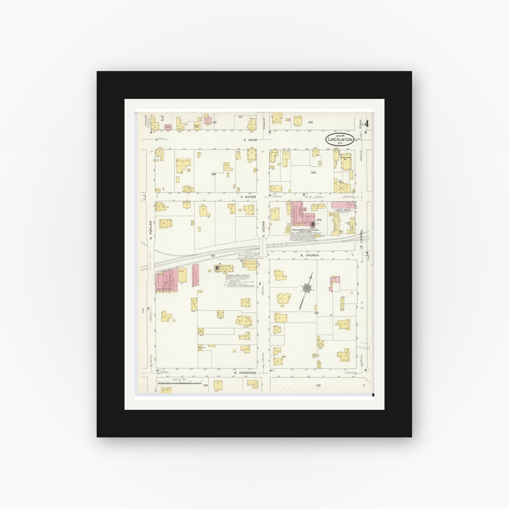 Old map wall art mockup — black gallery frame with white mat — Sanborn Fire Insurance Map from Lincolnton, Lincoln County, North Carolina (1911), Sheet #0004